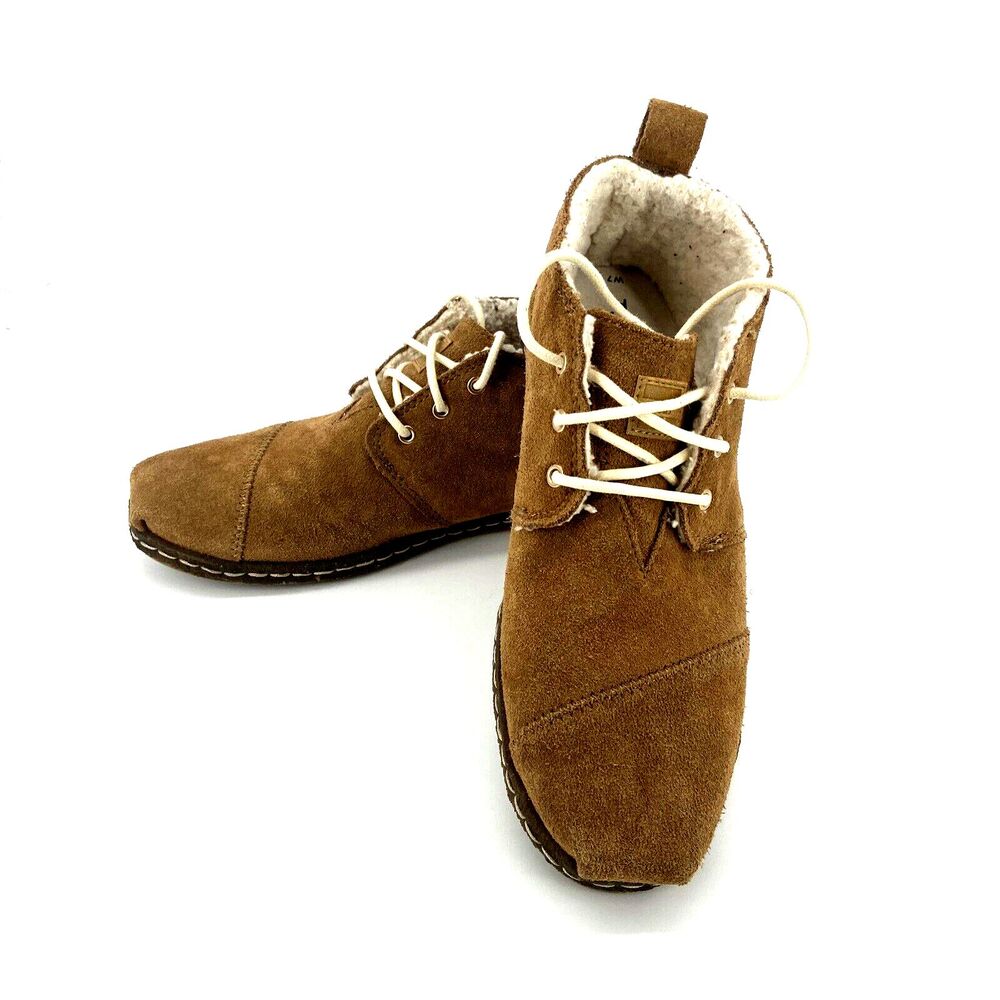Toms Ankle Boots Womens Sz 7 Booties Suede Leather Bota Shearling Lining Lace Up